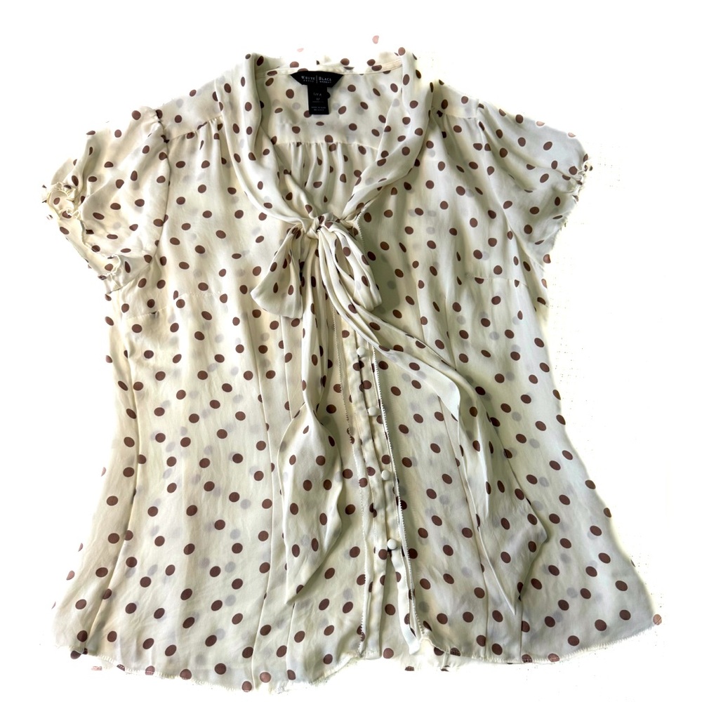 White House Black Market Silk White Brown Polka Dot Blouse Puff Sleeve size 12